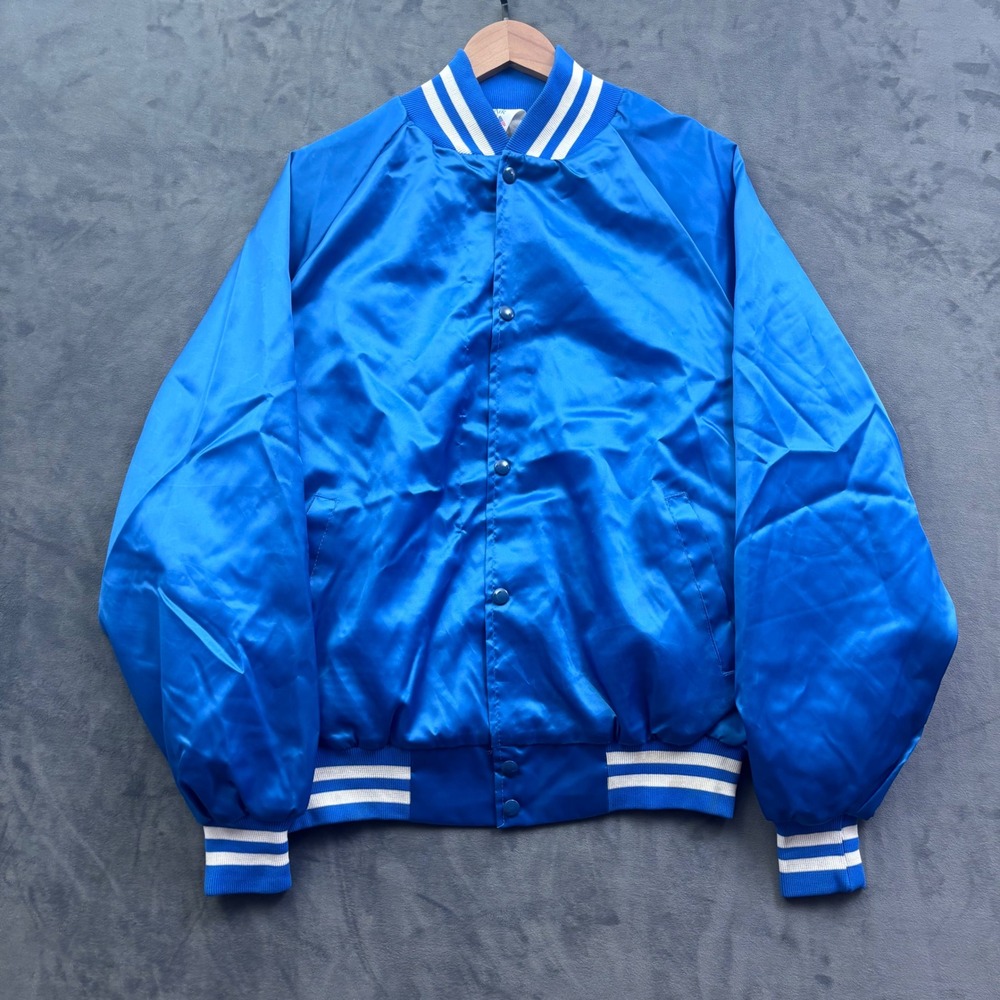 Vtg WestArk USA Vintage Blue Satin Bomber Jacket Best Girl Dog Care Graphic XL